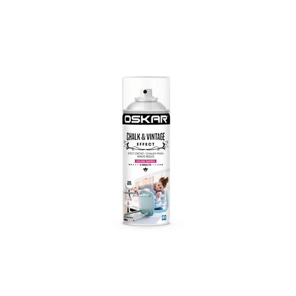 Vopsea spray lemn/ metal Chalk &amp; Vintage Effect OSKAR. Interior / Exterior. Pure White. 400 ml. image