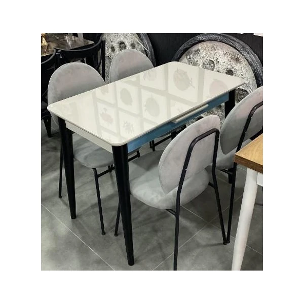 Masa bucatarie, picioare din lemn albe, blat din sticla, alb, 130-100x60cm, MILANO, Mobilgen image