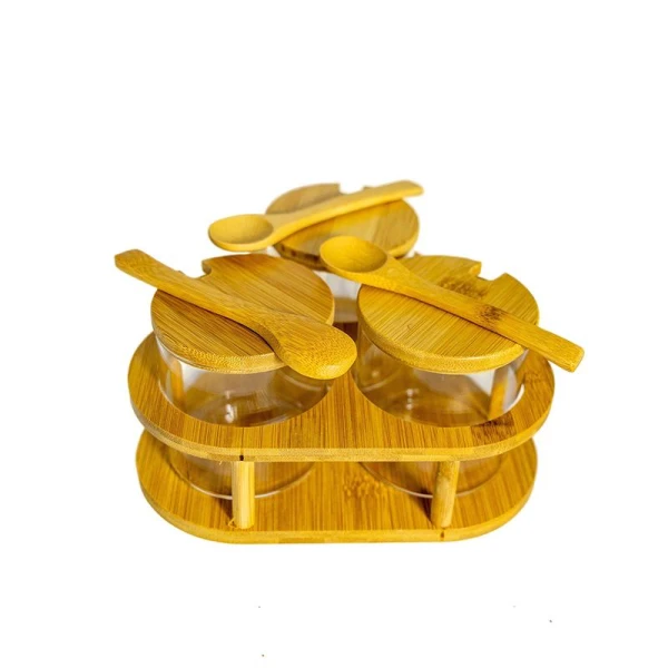 Set recipiente pentru condimente pe suport, capac, lingurita, lemn, sticla, 250ml, 8х7.5cm, 3buc image