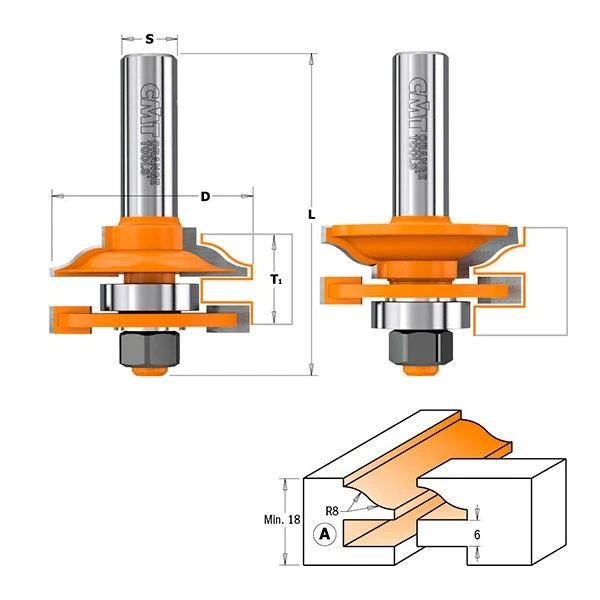 Set freze cu profil contraprofil pentru usi interioare CMT. D 44.4. S 12. R 8. T 18 - 22. image