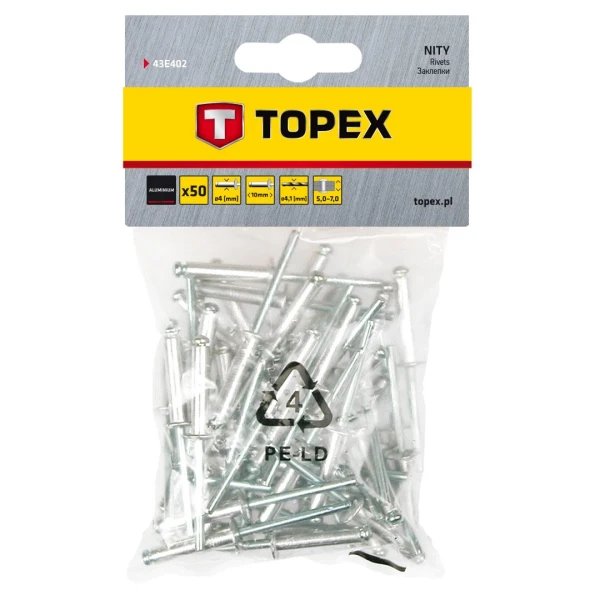 Nituri pop din aluminiu Topex 43Е402. 4.0 x 10 mm. 50 buc. image