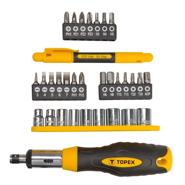 Set biti si capete tubulare cu maner 39D522 Topex. Cr-V. Set 34 buc. image