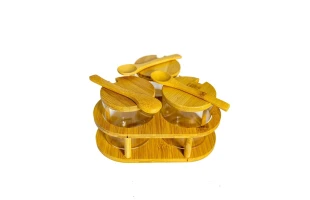 Set recipiente pentru condimente pe suport, capac, lingurita, lemn, sticla, 250ml, 8х7.5cm, 3buc image